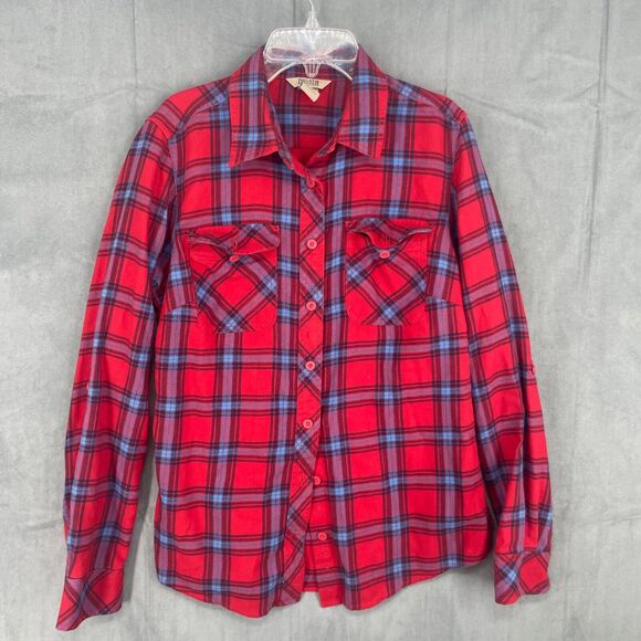 Duluth Button Up Shirt Womens Small Red Blue Plaid Cotton Long Sleeve Western - Picture 1 of 12